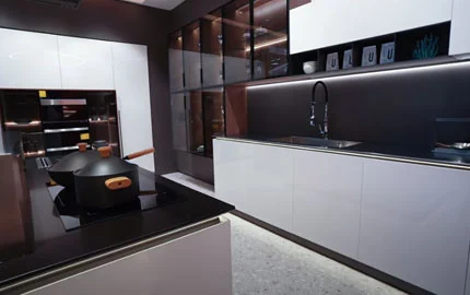Baineng kabinet dapur baja tahan karat, desain Panel pintu putih ultra-tipis waktu sederhana